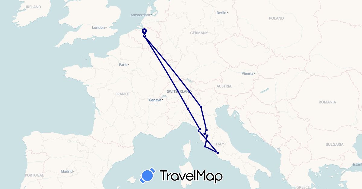 TravelMap itinerary: driving in Belgium, Italy (Europe)